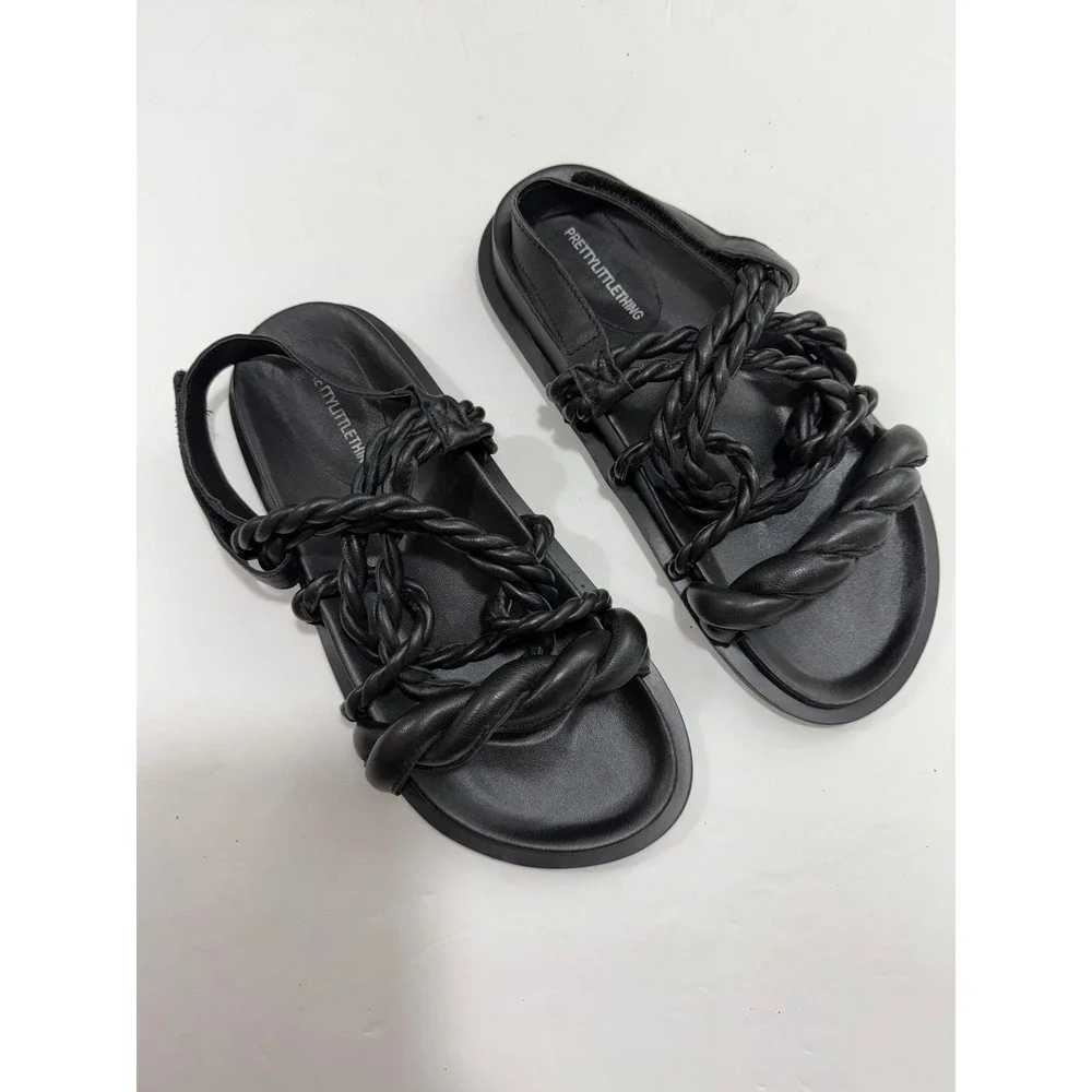 PrettyLittleThing 8 Blk Leather‎ Strappy Chunky Sandals Retro Grunge Y2K Beach